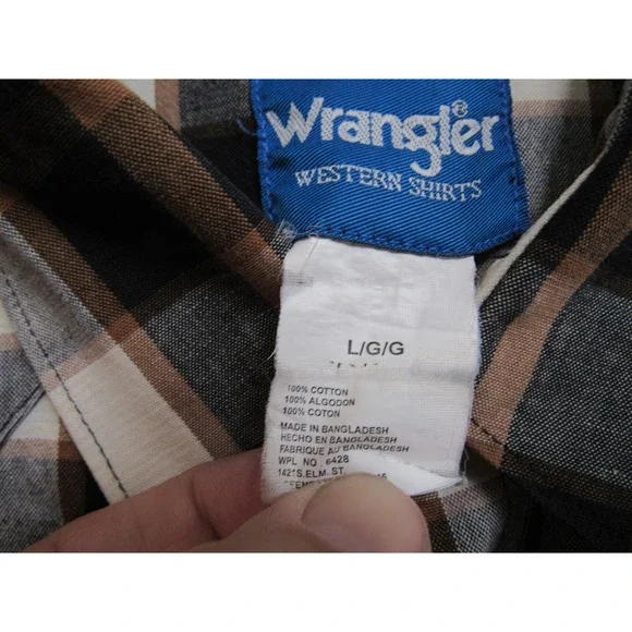 Wrangler Mens Western Shirt Large Plaid Pearl Snap Long Sleeve Black Brown - Picture 3 of 6